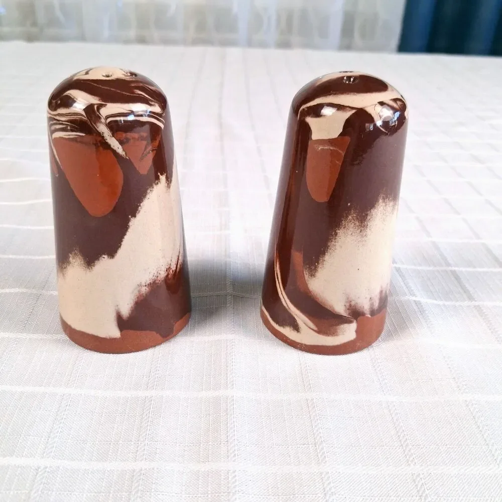 Clays in Calico Salt & Pepper Shakers Studio Pottery Redware Glazed Browns